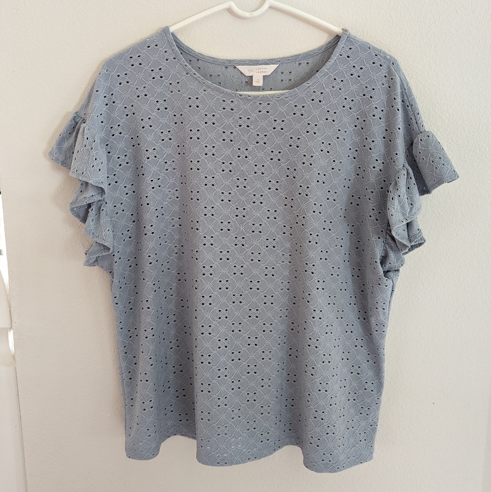 LC Lauren Conrad Womens Blue Flutter Sleeve Eyelet Top Size Large